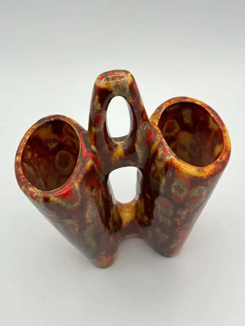 Vintage MCM Ceramic Double Vase w/ Stirrup Handle Red-Orange, Brown Drip Glaze